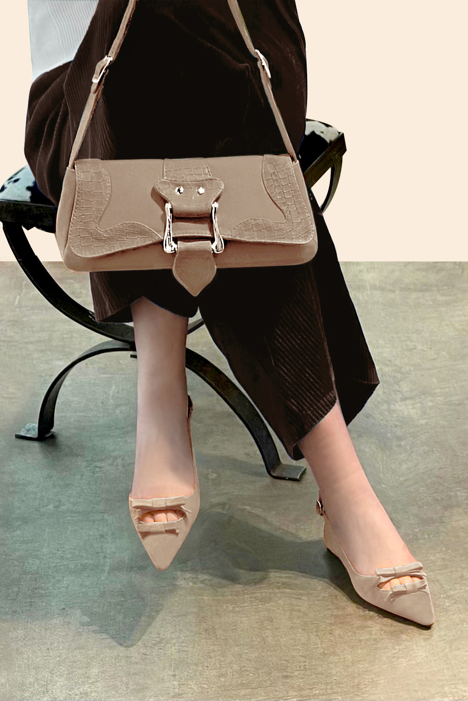 Tan beige women's dress handbag, matching pumps and belts. Worn view - Florence KOOIJMAN
